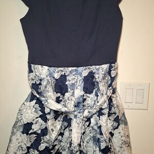 Blue and White Fit and Flare Sleeveless Wedding Guest Dress